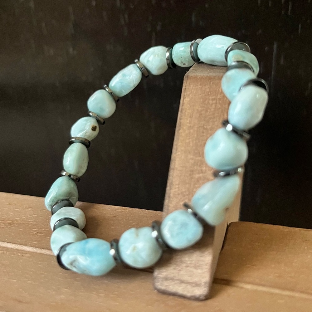 Genuine Larimar Natural Stone Crystal Beaded Stretch Bracelet #1